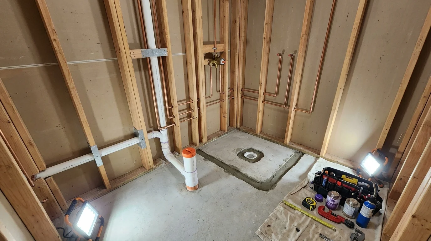 Bathroom rough-in plumbing during remodel by Johns Plumbing LLC in Halstead