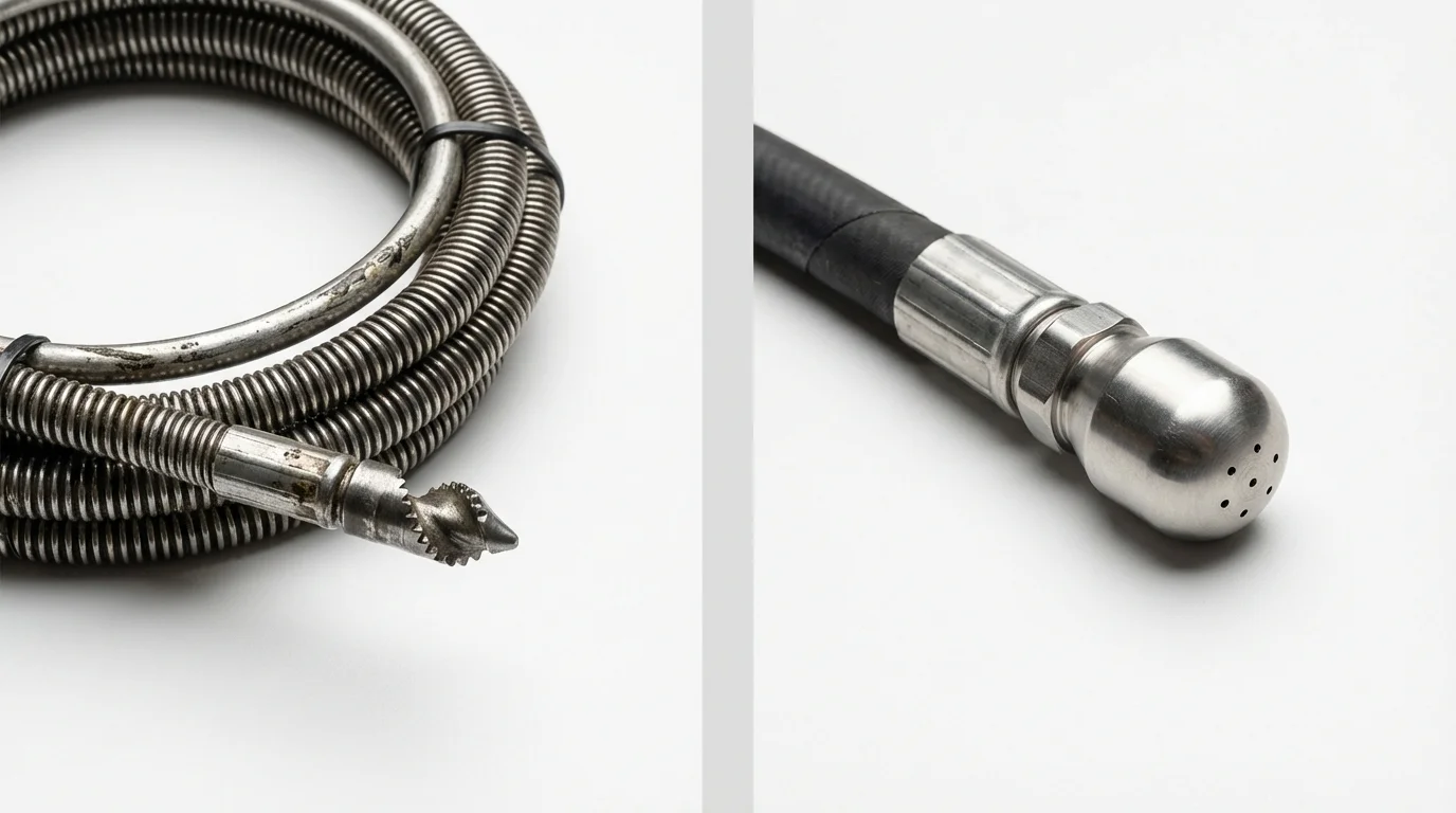 Drain snake cable and hydro jetting nozzle used for drain cleaning in Halstead, KS