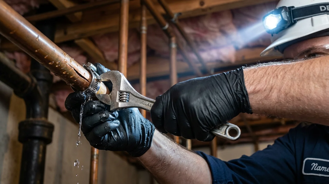 Emergency pipe clamp repair being performed by a Johns Plumbing LLC plumber in Halstead
