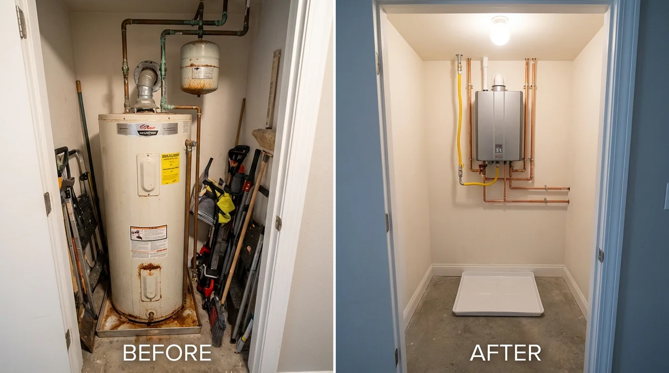 Tank water heater versus wall-mounted tankless unit comparison for Halstead, KS homeowners