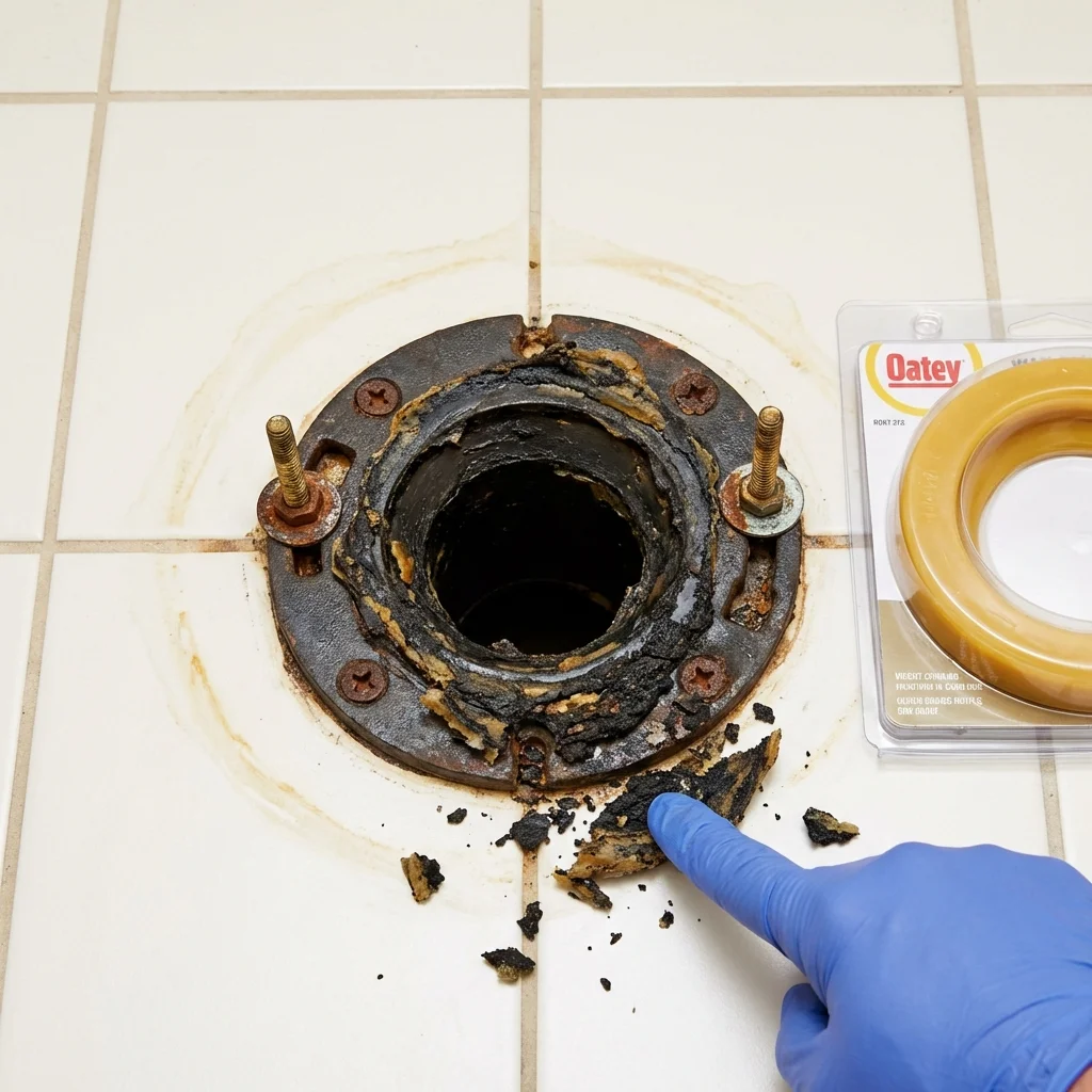Failed wax ring showing water seepage at the base of a toilet in a Halstead, KS home