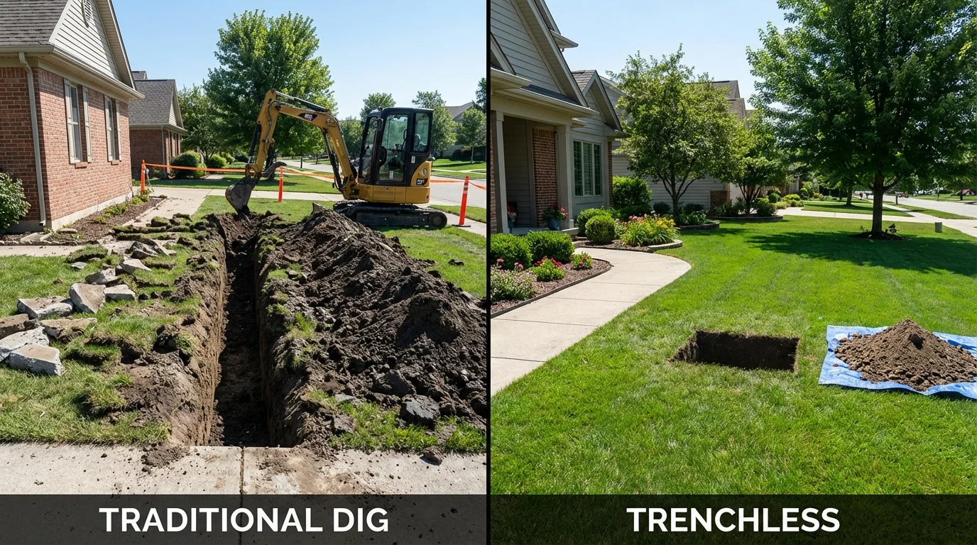 Trenchless sewer repair with minimal yard damage versus traditional excavation in Halstead, KS