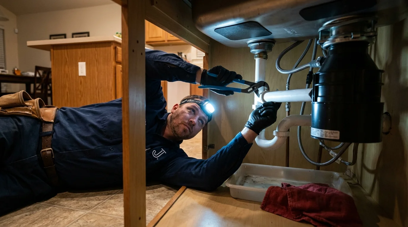 P-trap and supply line connections under a kitchen sink showing a common leak point in Halstead, KS